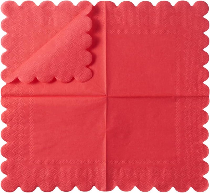 BEFORYOU 100 Pack Cocktail Napkin 2-Ply Scalloped Edged Dessert Napkins Folded 5 x 5 Inches Disposable Napkins for Dinner Wedding Birthday Party Bridal Anniversary Reception Event (Red) - Image 3